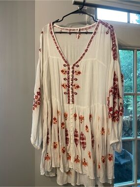 Free People Embroidered Boho Tunic Dress in White with Red & Orange Accents